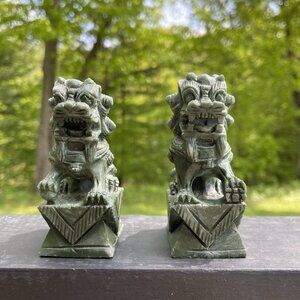 VINTAGE GREEN COLOR HAND CARVED STONE FOO DOGS LION SET OF Two 4" FIGURES